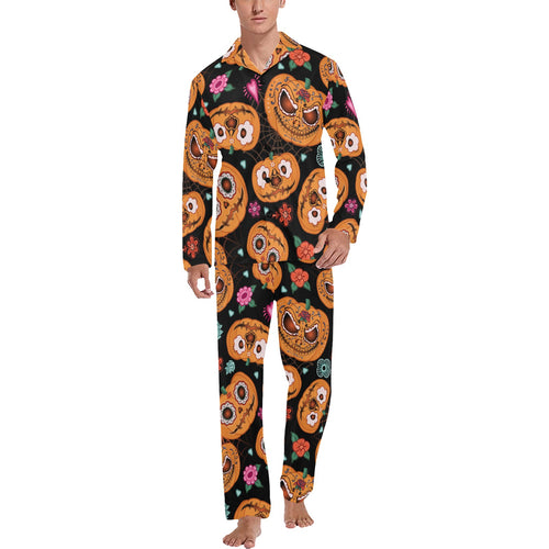 Pumpkin flowers spiderweb Halloween theme Men's Long Pajama Set