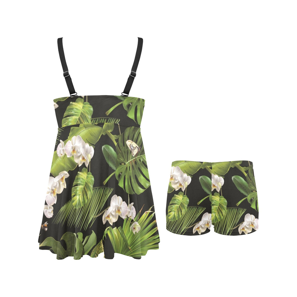 White orchid flower tropical leaves pattern blackg Chest Sexy Pleated Two Piece Swim Dress