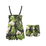 White orchid flower tropical leaves pattern blackg Chest Sexy Pleated Two Piece Swim Dress