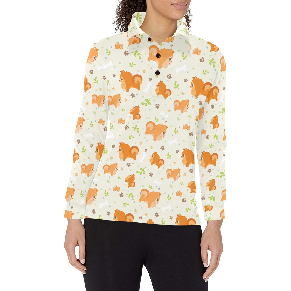 Cute brown pomeranian paw leave bone pattern Women's Long Sleeve Polo Shirt