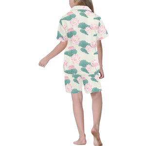 Pink lotus waterlily leaves pattern Kids' Boys' Girls' V-Neck Short Pajama Set