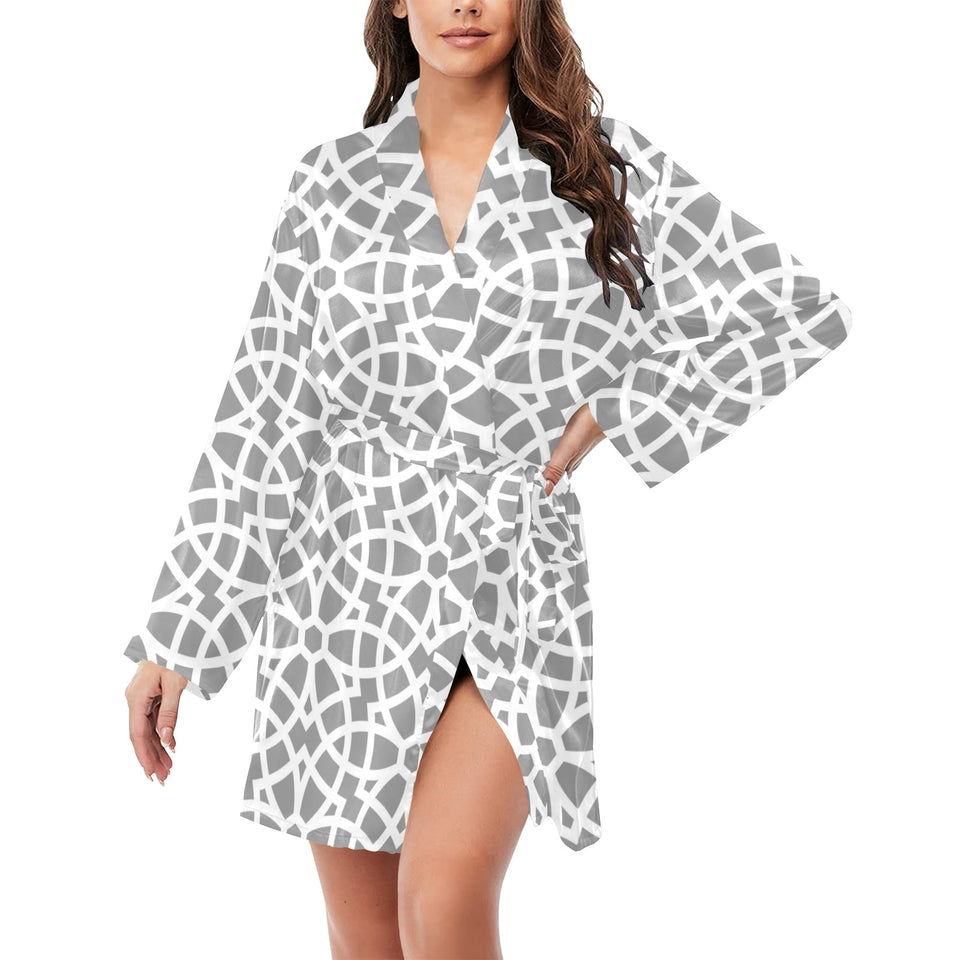 arabic gray pattern Women's Long Sleeve Belted Night Robe