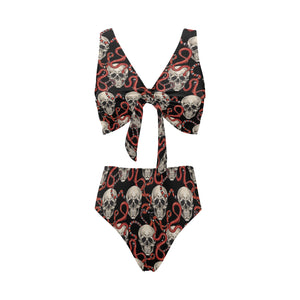 Red snake skull pattern Chest Bowknot High Waisted Bikini Swimsuit
