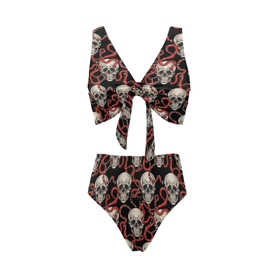 Red snake skull pattern Chest Bowknot High Waisted Bikini Swimsuit