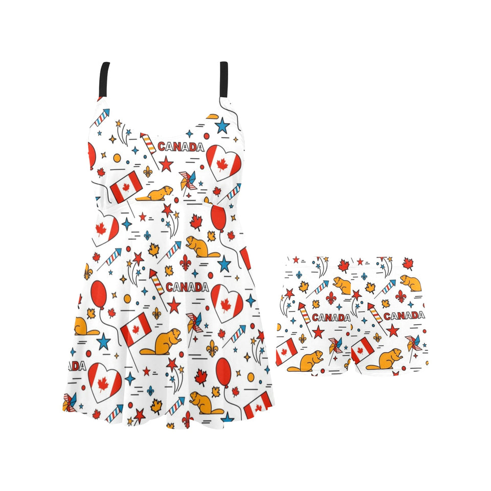 Canada Pattern Print Design 03 Chest Sexy Pleated Two Piece Swim Dress