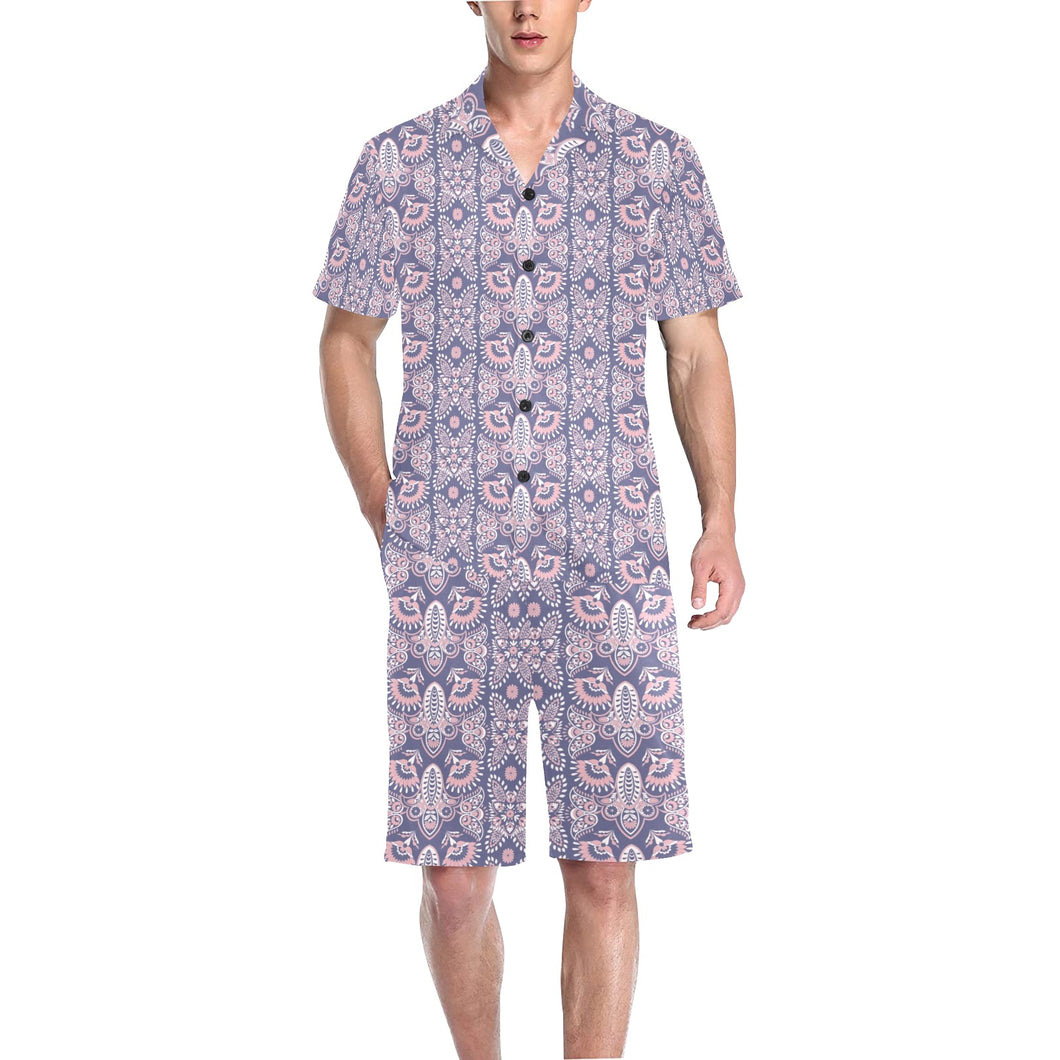 Indian Batik Style pattern Men's V-Neck Short Pajama Set