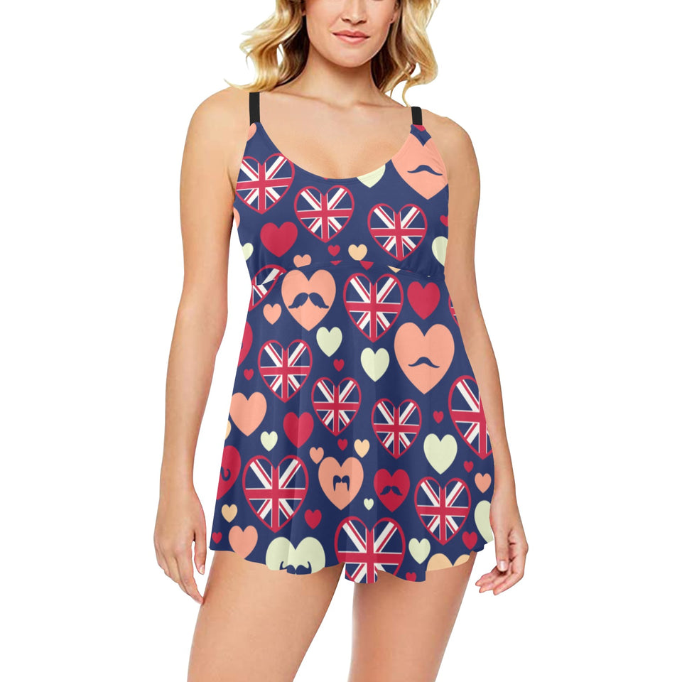 British Pattern Print Design 02 Chest Sexy Pleated Two Piece Swim Dress