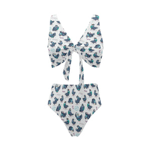 Pigeon Pattern Print Design 02 Chest Bowknot High Waisted Bikini Swimsuit