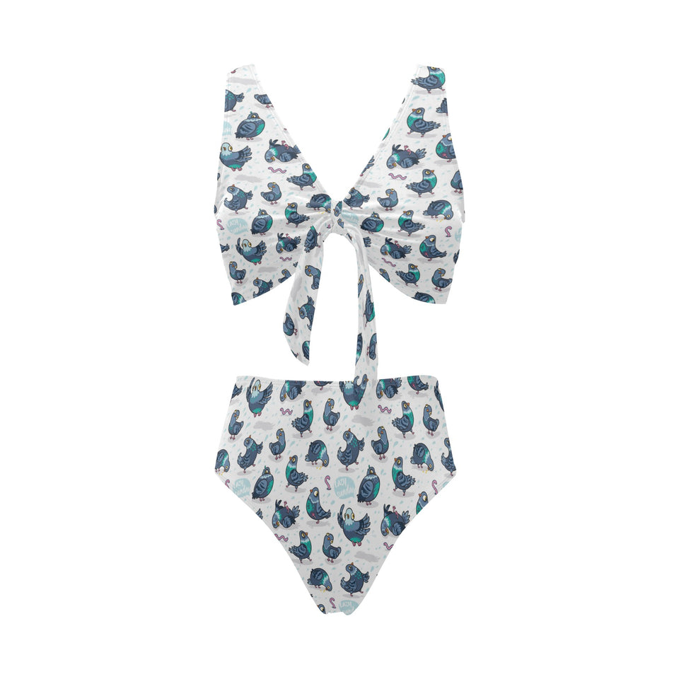 Pigeon Pattern Print Design 02 Chest Bowknot High Waisted Bikini Swimsuit