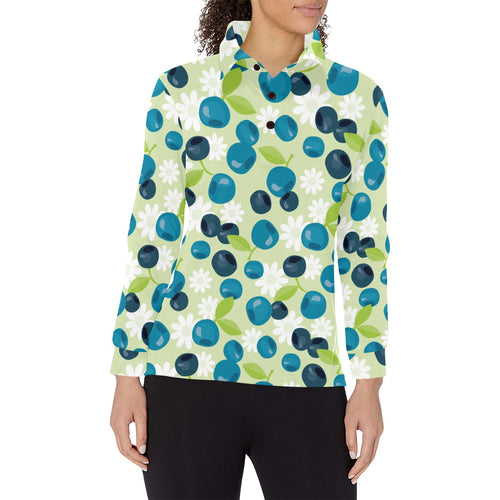 blueberry flower pattern Women's Long Sleeve Polo Shirt