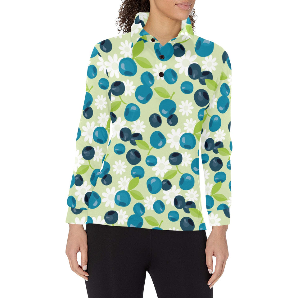 blueberry flower pattern Women's Long Sleeve Polo Shirt