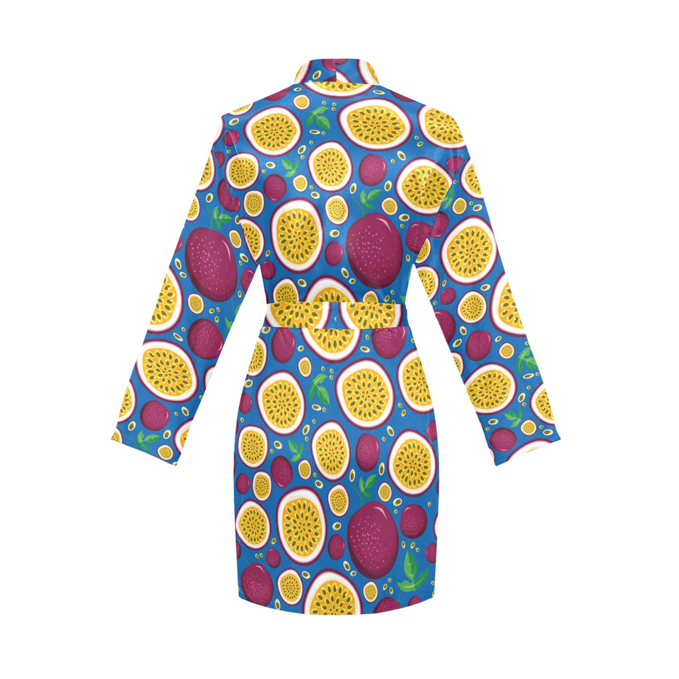 Passion fruit blue background Women's Long Sleeve Belted Night Robe