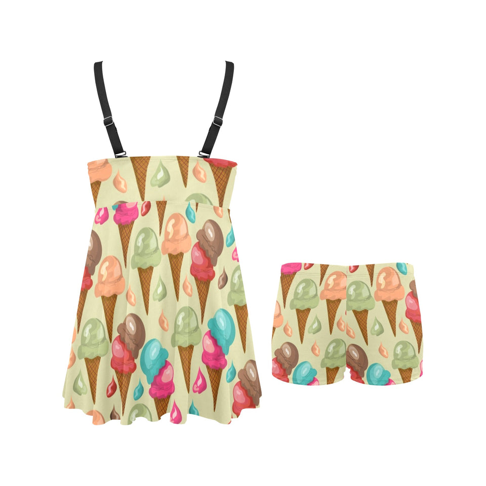 Colorful ice cream pattern Chest Sexy Pleated Two Piece Swim Dress