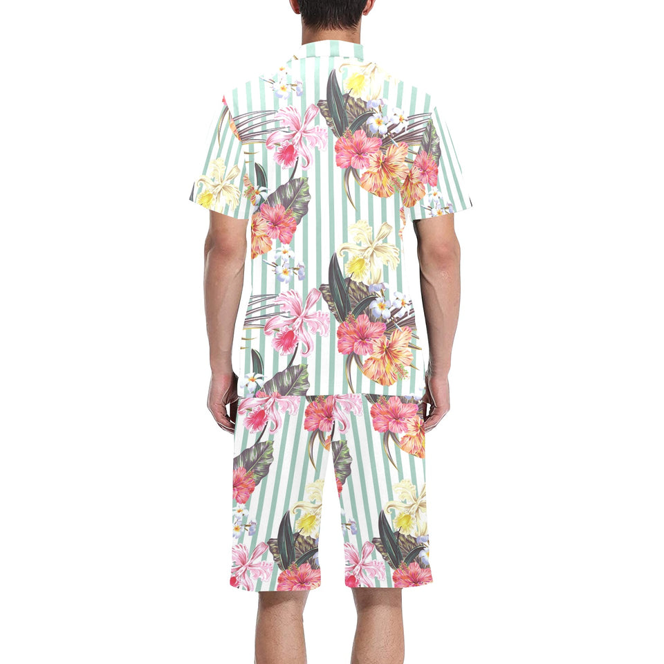 Colorful orchid flower pattern Men's V-Neck Short Pajama Set