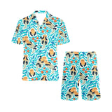 Cute sea otters fishe sea urchin pattern Men's V-Neck Short Pajama Set