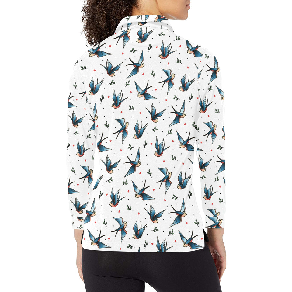 Swallow Pattern Print Design 04 Women's Long Sleeve Polo Shirt