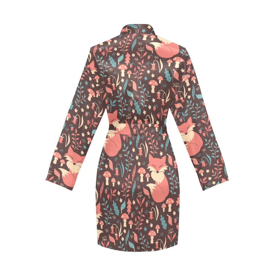 fox leaves mushroom pattern Women's Long Sleeve Belted Night Robe