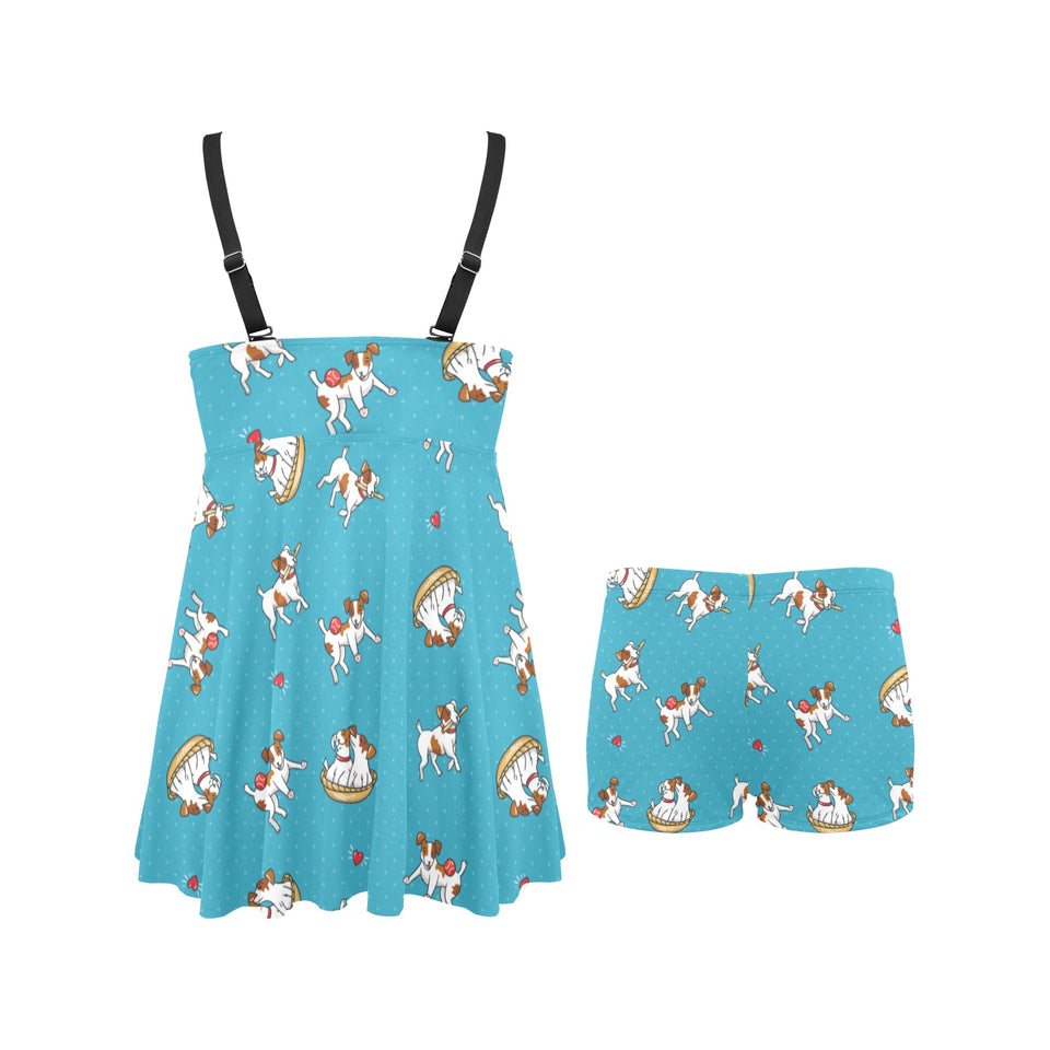 Jack Russel Pattern Print Design 03 Chest Sexy Pleated Two Piece Swim Dress