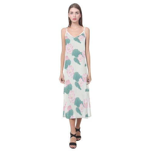 Pink lotus waterlily leaves pattern V-Neck Open Fork Long Dress
