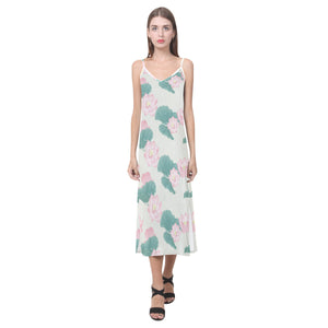 Pink lotus waterlily leaves pattern V-Neck Open Fork Long Dress