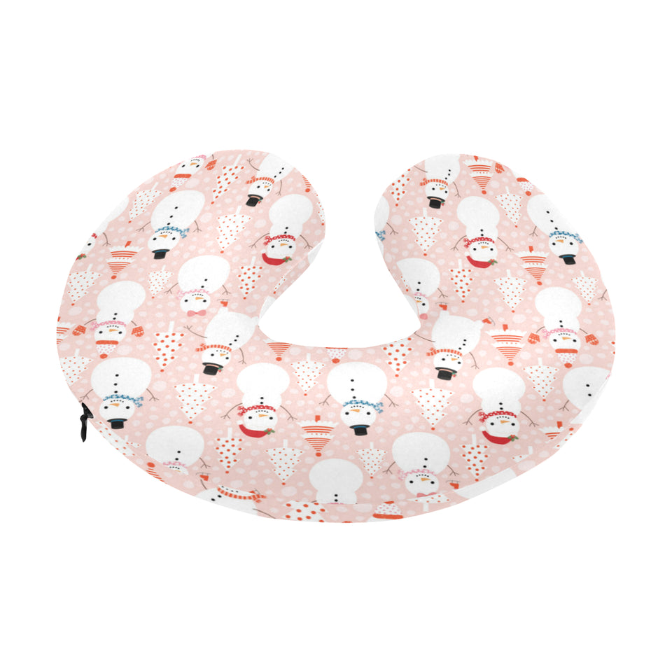 Cute snowman christmas tree snowpink background U-Shaped Travel Neck Pillow