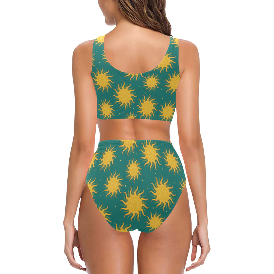 Sun green background Chest Bowknot High Waisted Bikini Swimsuit
