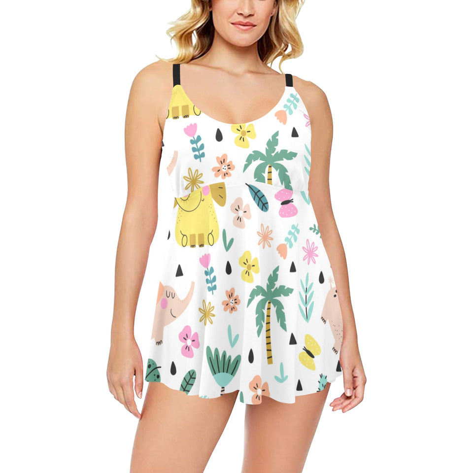 Cute elephants palm tree flower butterfly pattern Chest Sexy Pleated Two Piece Swim Dress