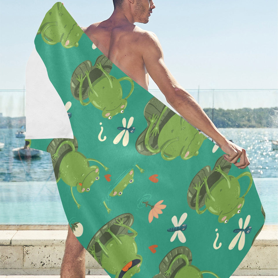 Cute frog dragonfly design pattern Beach Towel