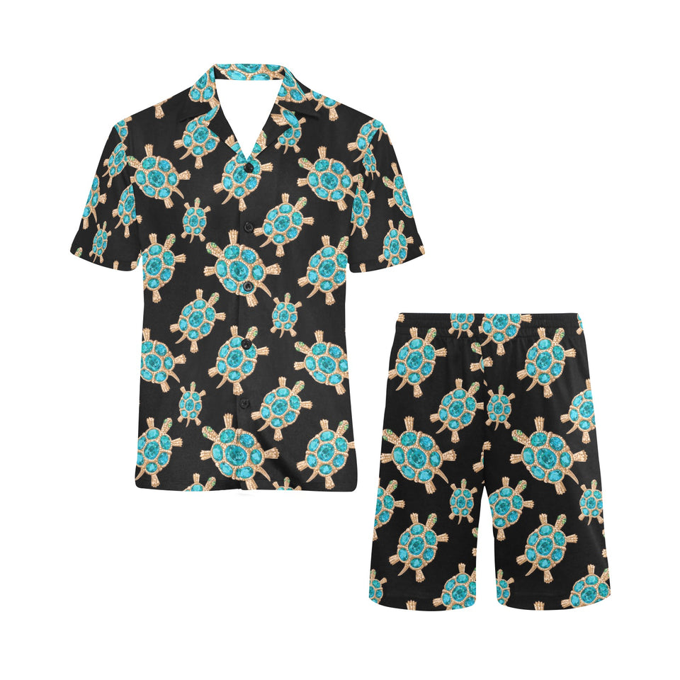 Sea turtle blue stone pattern Men's V-Neck Short Pajama Set