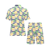 Pineapples pattern striped background Men's V-Neck Short Pajama Set