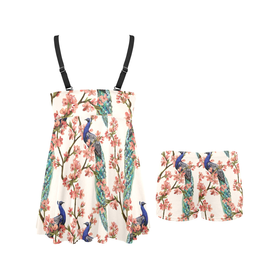 Peacock tropical flower pattern Chest Sexy Pleated Two Piece Swim Dress