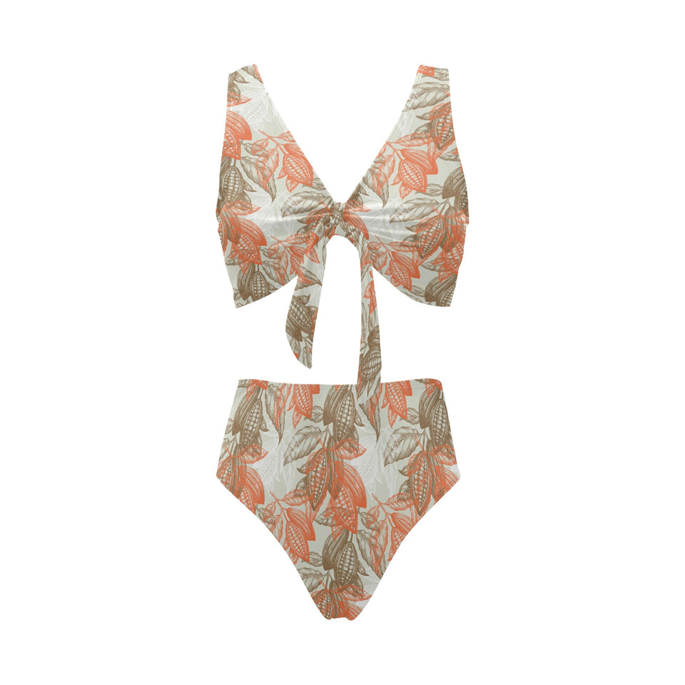 Cocoa beans Cocoa tree pattern Chest Bowknot High Waisted Bikini Swimsuit