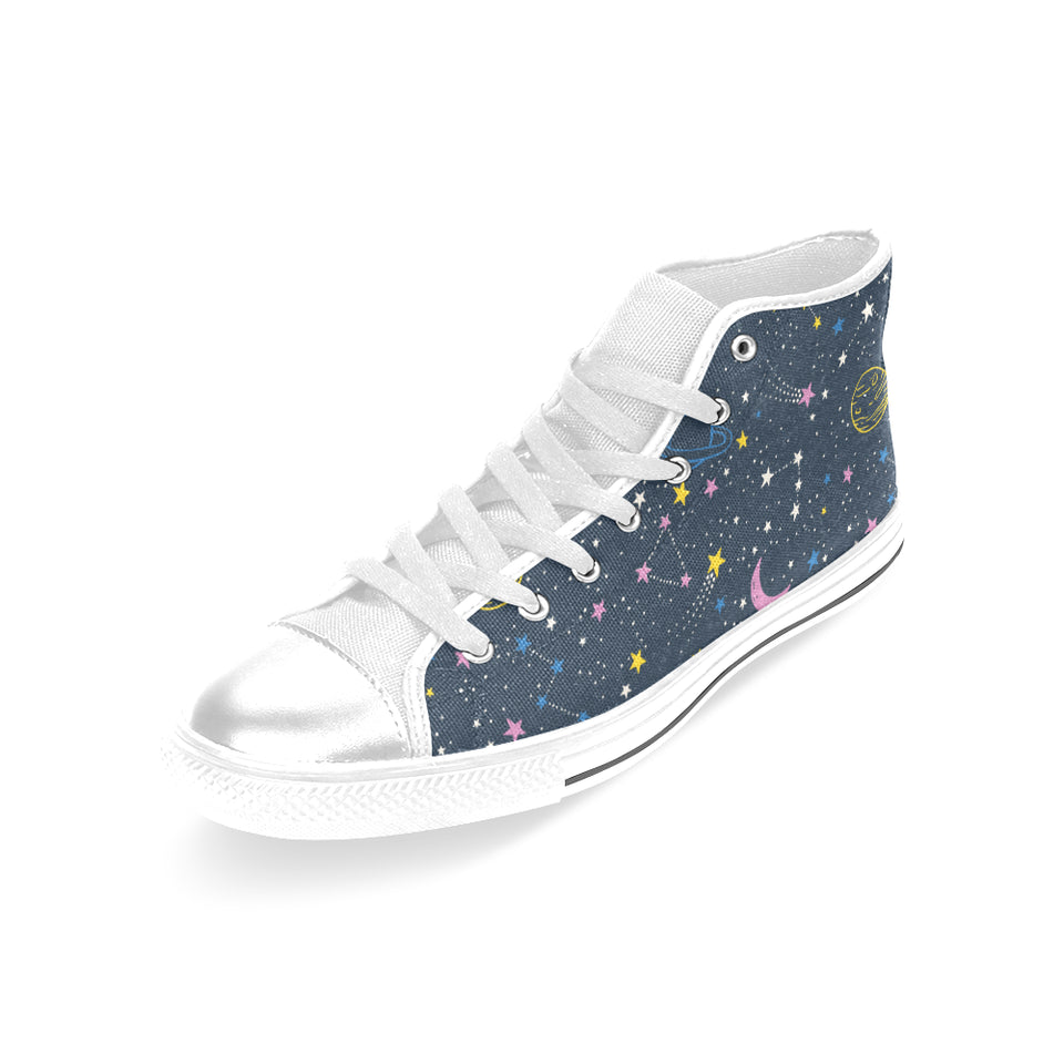 space pattern with planets, comets, constellations Women's High Top Canvas Shoes White