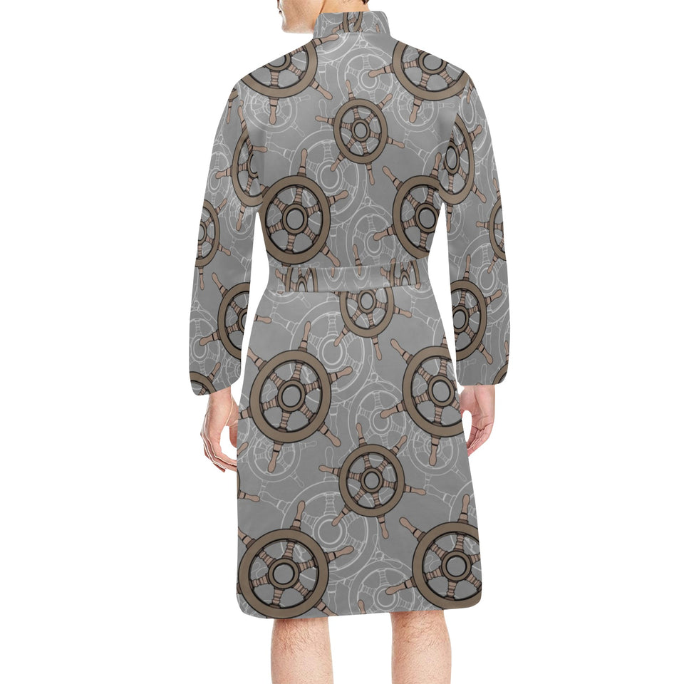 nautical wood steering wheel pattern Men's Long Sleeve Belted Night Robe