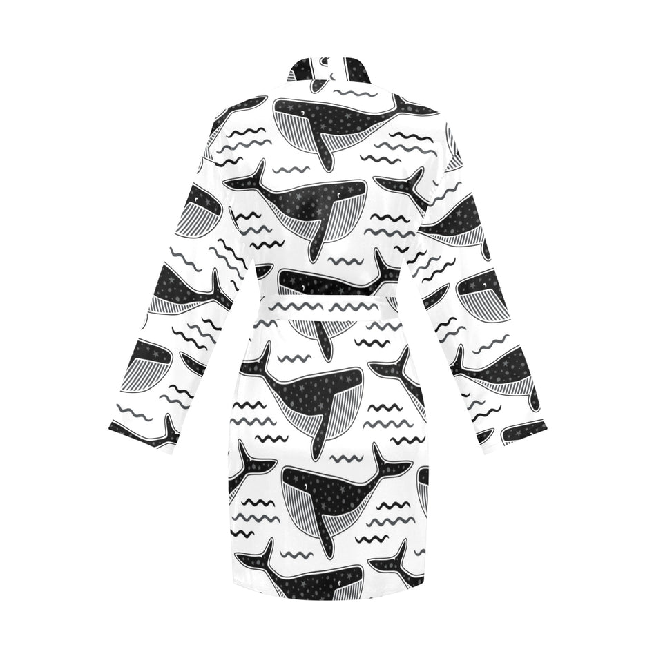 Black whale pattern Women's Long Sleeve Belted Night Robe