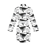 Black whale pattern Women's Long Sleeve Belted Night Robe