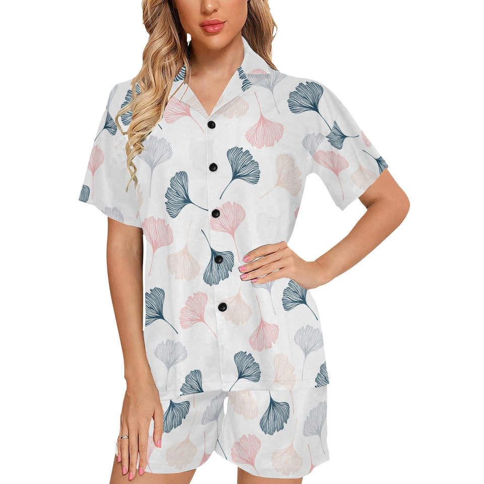 Black Gray Cream coral ginkgo leaves pattern Women's V-Neck Short Pajama Set
