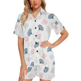 Black Gray Cream coral ginkgo leaves pattern Women's V-Neck Short Pajama Set