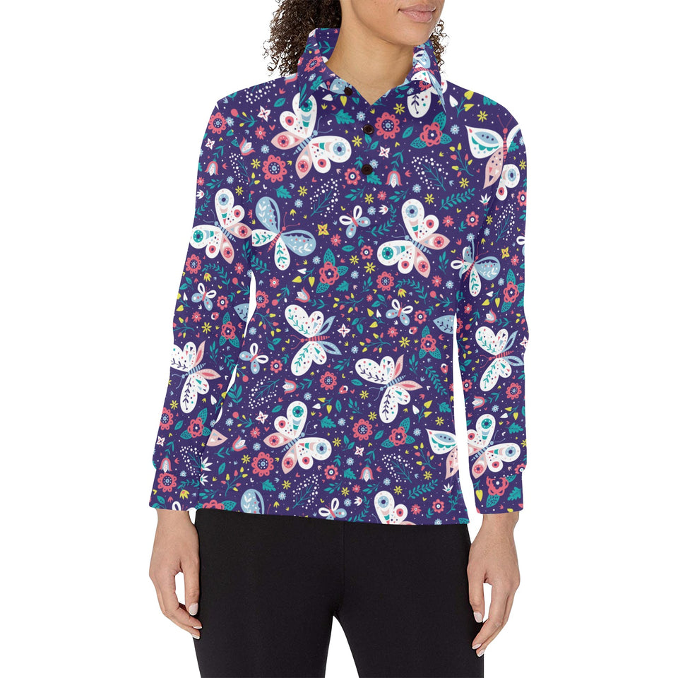 Colorful butterfly flower pattern.eps Women's Long Sleeve Polo Shirt