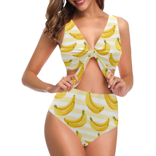 Banana pattern blackground Chest Bowknot High Waisted Bikini Swimsuit
