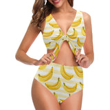 Banana pattern blackground Chest Bowknot High Waisted Bikini Swimsuit