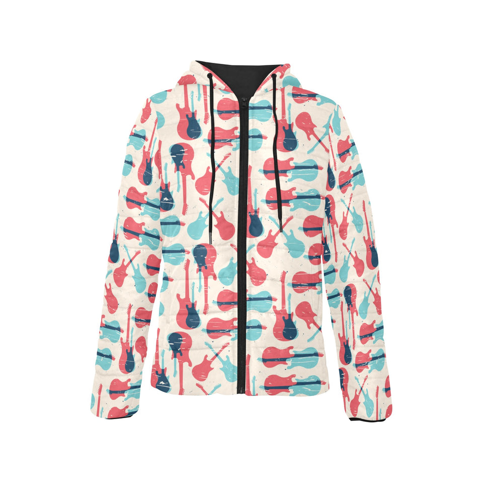 Red Blue guitar pattern Women's Padded Hooded Jacket