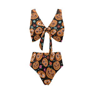 Pumpkin flowers spiderweb Halloween theme Chest Bowknot High Waisted Bikini Swimsuit