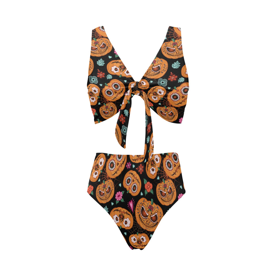 Pumpkin flowers spiderweb Halloween theme Chest Bowknot High Waisted Bikini Swimsuit