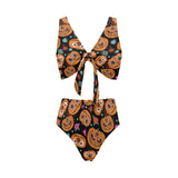 Pumpkin flowers spiderweb Halloween theme Chest Bowknot High Waisted Bikini Swimsuit