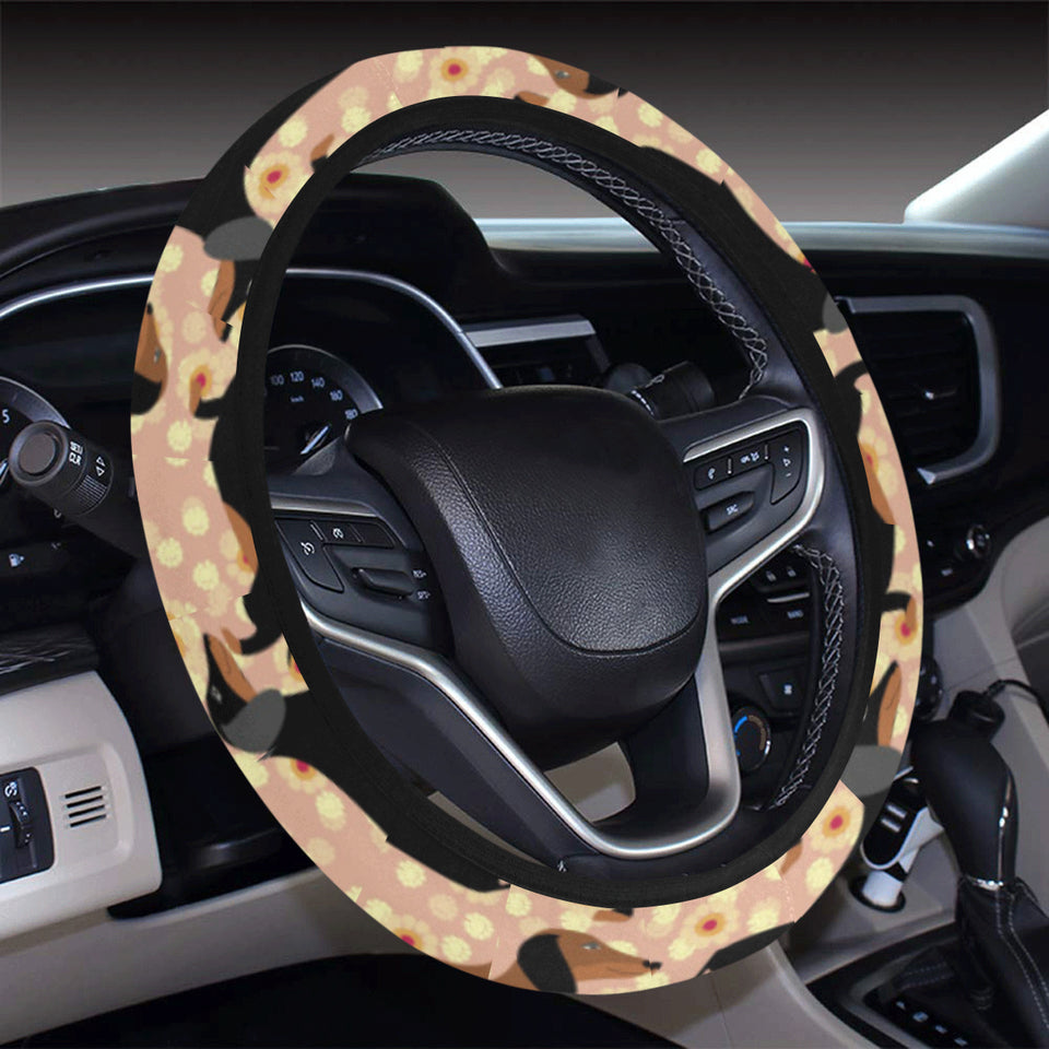 Dachshund floral background Car Steering Wheel Cover