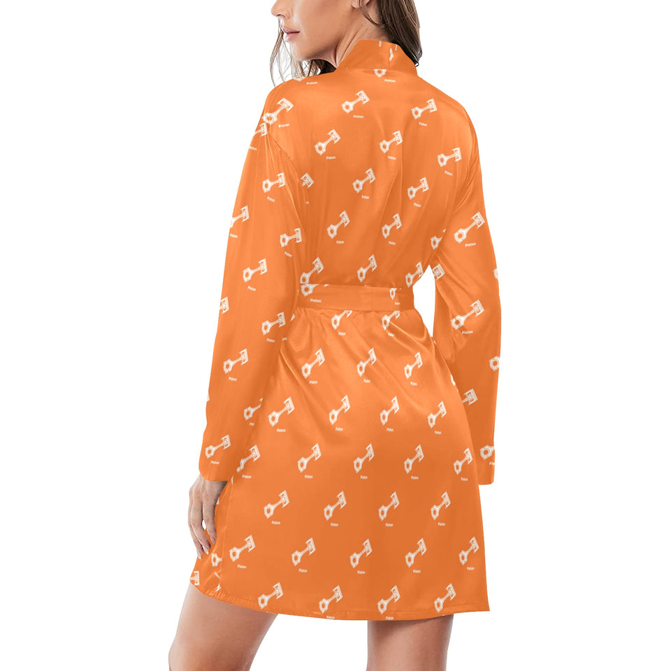 Engine Piston Orange Background Pattern Design 05 Women's Long Sleeve Belted Night Robe