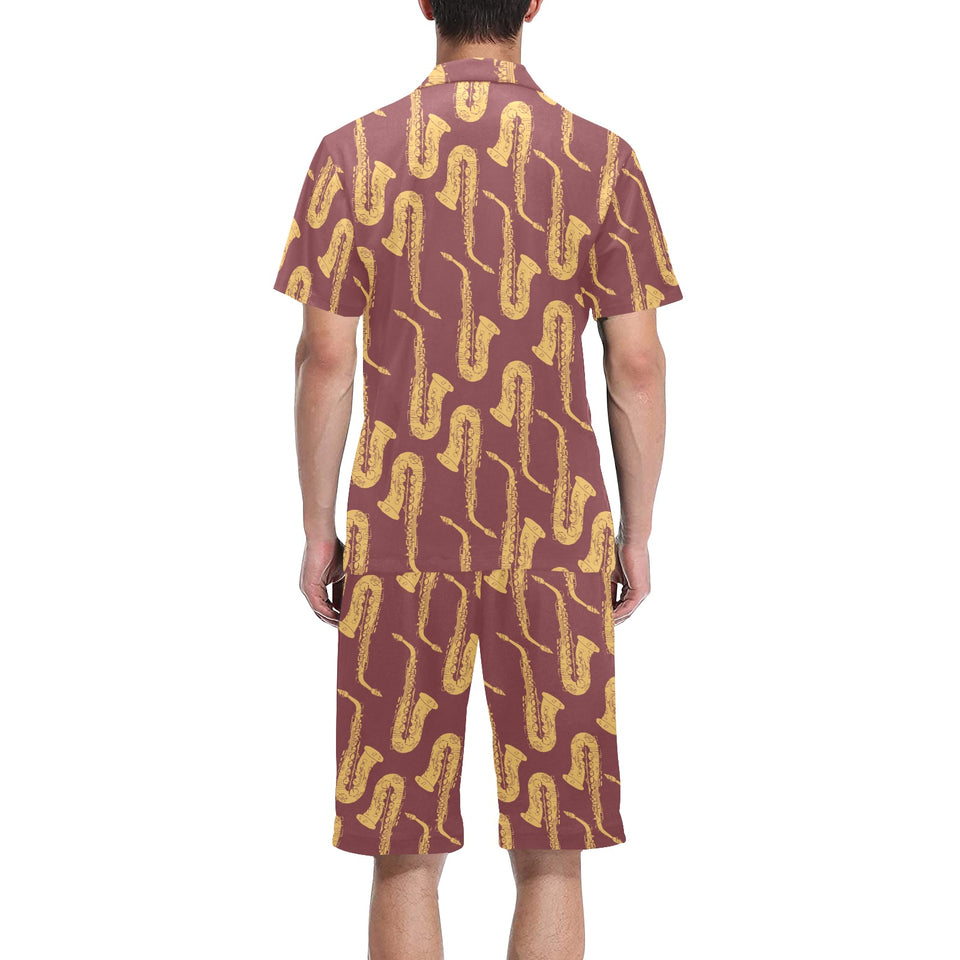 Hand drawn gold saxophone red background Men's V-Neck Short Pajama Set