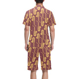 Hand drawn gold saxophone red background Men's V-Neck Short Pajama Set