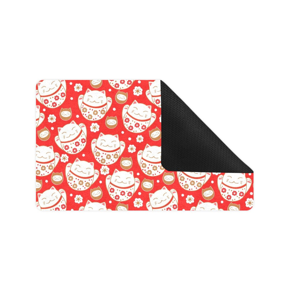 Cute Maneki neko cat red background Doormat